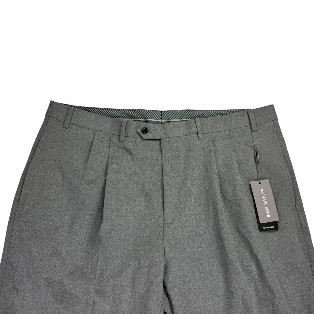 Michael Kors Mens Pleated Cuffed Solid Classic Fit Stretch Pants Gray 40x32